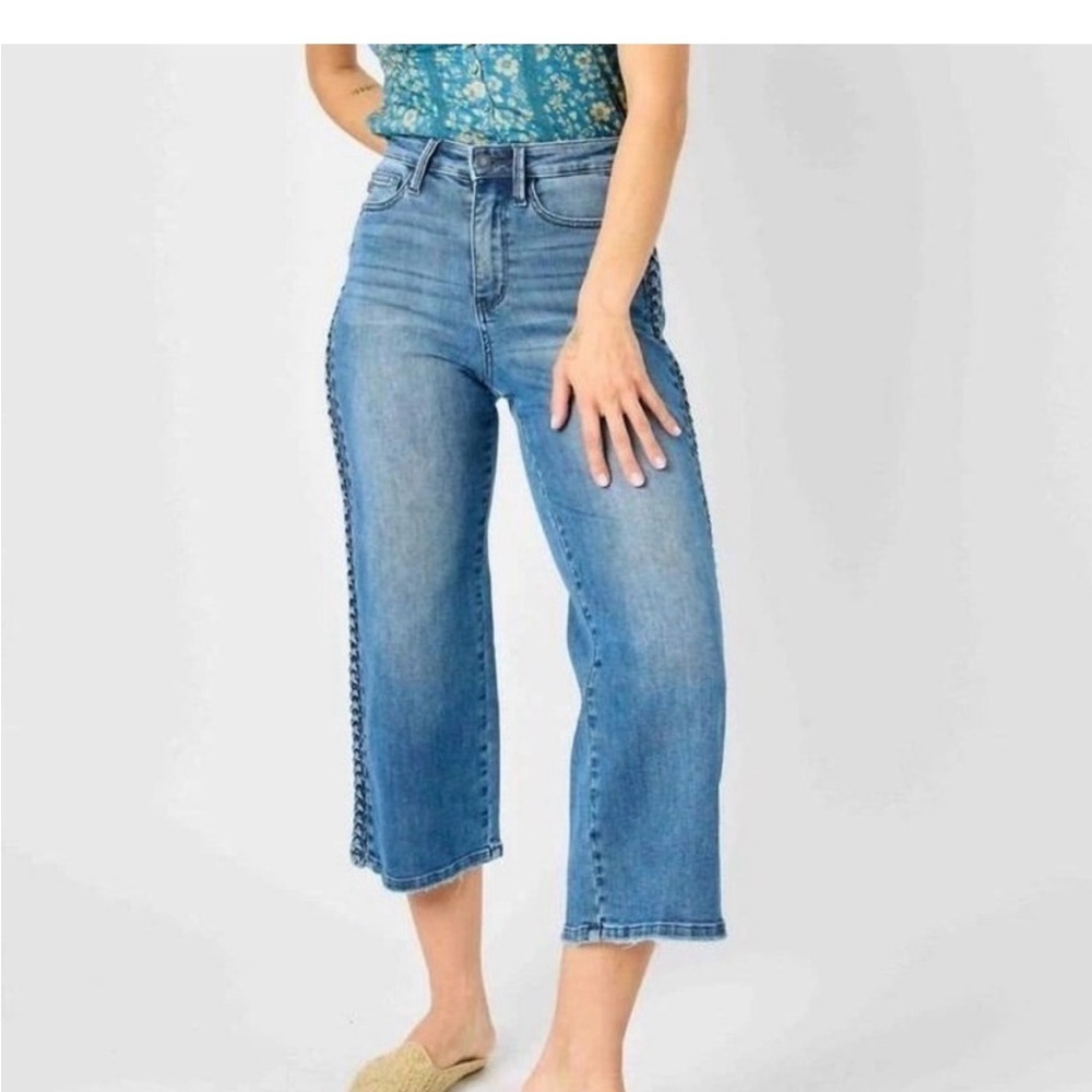 Judy Blue high rise medium wash side braid cropped wide leg jeans